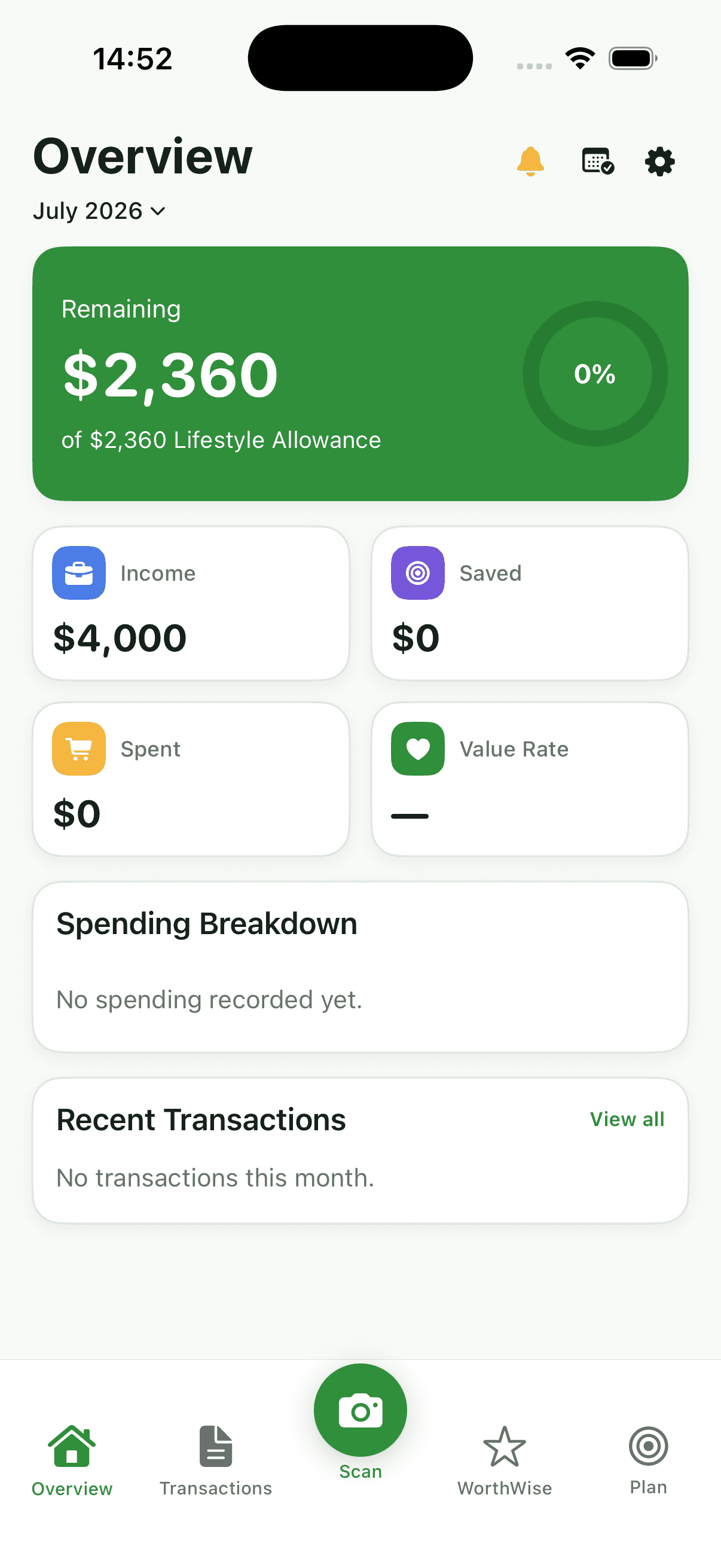 WorthSpent Overview showing Lifestyle Allowance and spending summary